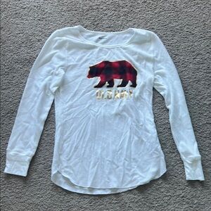 Old Navy White and Red Long Sleeve Tee with Bear Design